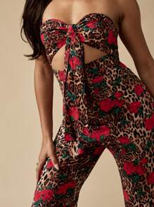 MISSGUIDED Floral Leopard Print Jumpsuit Strapless Wide Leg Party Evening Wedding Guest Summer Vacation Resort Wear Women Flare Pants Bell Bottom - Red - View 3