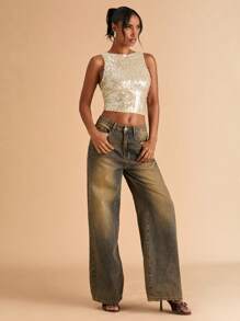 SHEIN BAE Women's Solid Color Sequin Cropped Fitted Glam Camisole - Apricot - View 3