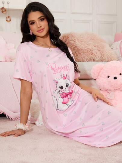 SHEIN Women's Cute Cat & Bow Print Round Neck Knee-Length Nightgown, Moo Moo