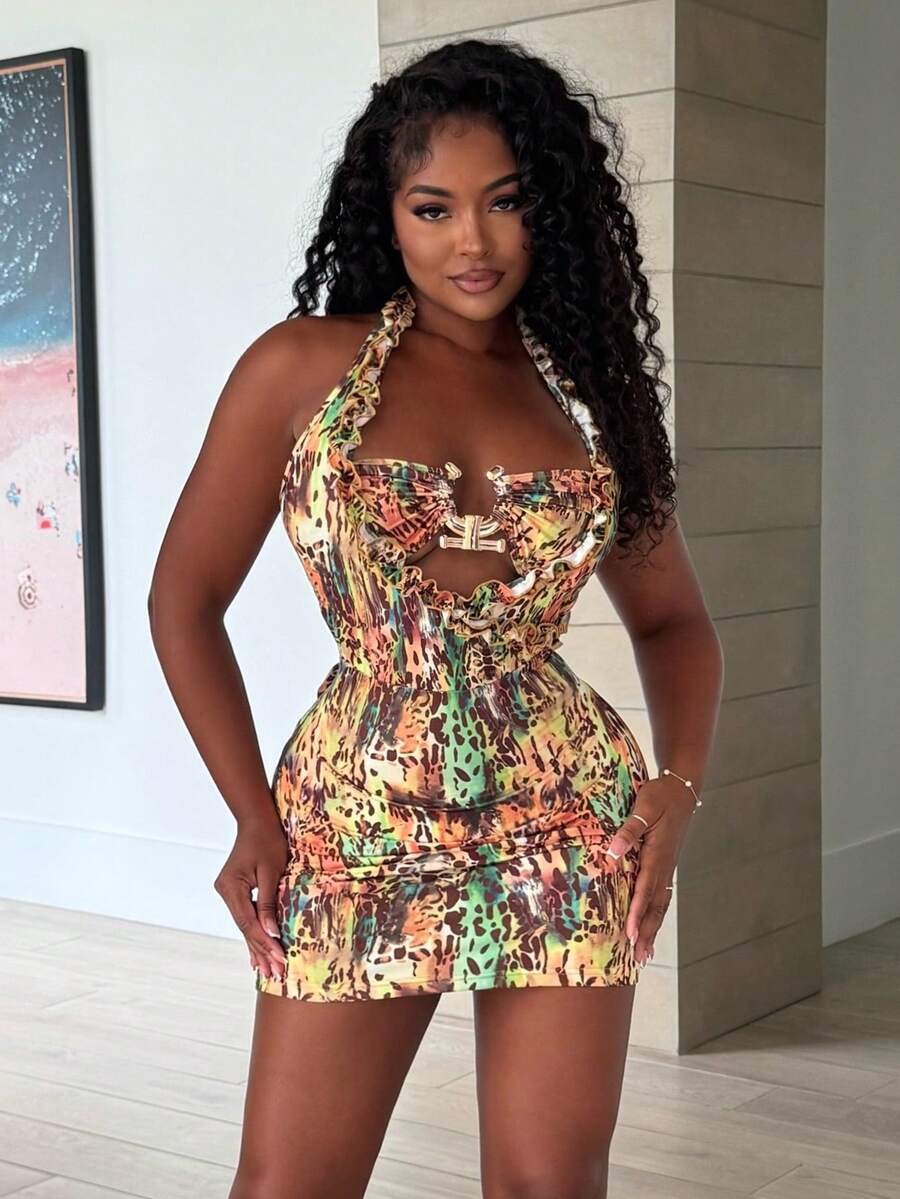 Alexandranx Women's Halter Strap Green Holiday Print Mini Dress - Multicolor - View 1