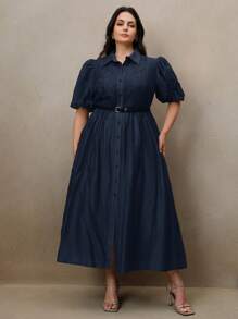 Anewsta Lace Patchwork Puff Sleeve Shirt Collar Elegant Maxi Dress For Women - Navy Blue - View 7