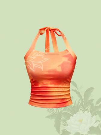 The White Lotus Women's Summer Casual Vacation Tie-Dye & Floral Print Ruched Slim Fit Orange Halter Top