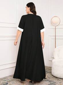 Al Najma Casual Loose Contrast Color Short Sleeve Plus Size Arabian Dress For Women - Black and White - View 2