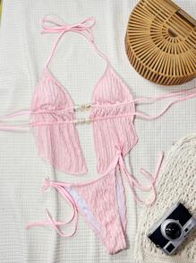 Swim SXY 女士纯色提花面料细肩带露背系带吊带性感可爱女孩沙滩比基尼泳装套装 - 粉色 - 查看 4