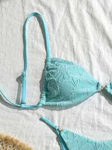 Swim Vcay 2pcs/Set Summer Vacation Textured Fabric, Spaghetti Strap Gold Decor Strapless Bra And Bikini Swimwear Set For Women, Sexy - Mint Blue - View 5