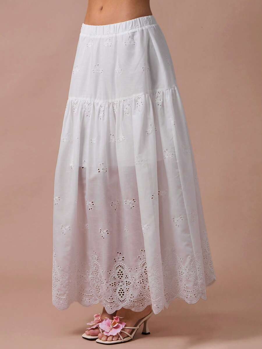 Enchnt Falda maxi elástica de cintura con bordado y volantes blancos, romántica para mujer, ideal para vacaciones, casual y cómoda para fiestas de cumpleaños, días festivos, citas dulces, viajes diarios, vacaciones, temporada de bodas, versátil en verano, conciertos, estilo bohemio - Blanco - Ver 1