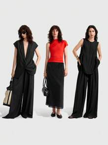 Ontre Women's Casual Black Blazer: Thigh-Length Cap Sleeve Woven Fabric Jacket With Lapel Neckline And Pockets, Semi-Sheer And Perfect For Summer - Black - View 3