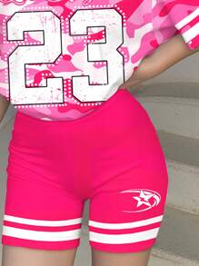 休闲少女宽松迷彩 & 数字 23 图案 T 恤和骑行短裤套装，粉色，街头风格，夏季