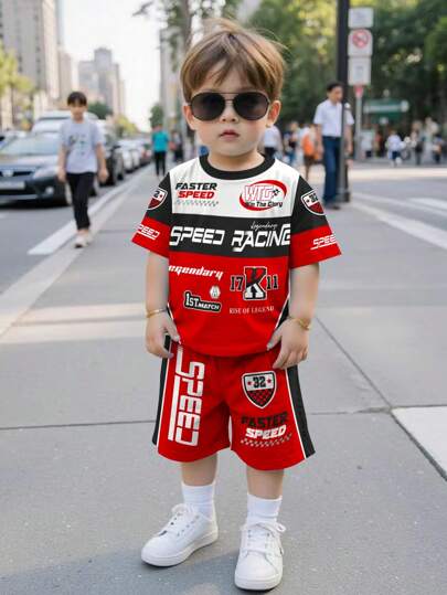 SHEIN Casual Minimalist Race Car Graphic Print Round Neck Short Sleeve T-Shirt And Shorts 2-Piece Set For Young Boys, Suitable For Summer