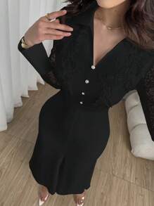 Modelyn Elegantes figurbetontes Kleid mit einfarbiger Knopfleiste, Meshstoff-Einsätzen und Langarm