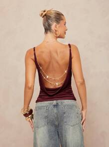 Lumalex Draped Neck Cami Top With Metal Chain Decor, Backless Waist Cinched - Burgundy - View 8