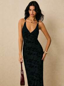 Poéselle Đầm dài ôm sát gợi cảm cổ chữ V sâu họa tiết hoa dành cho nữ - màu đen - Xem 3