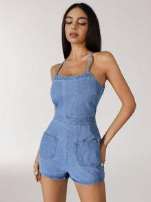 SHEIN ICON 女式夏季露背系带牛仔连体衣 - 藍色 - 查看 2