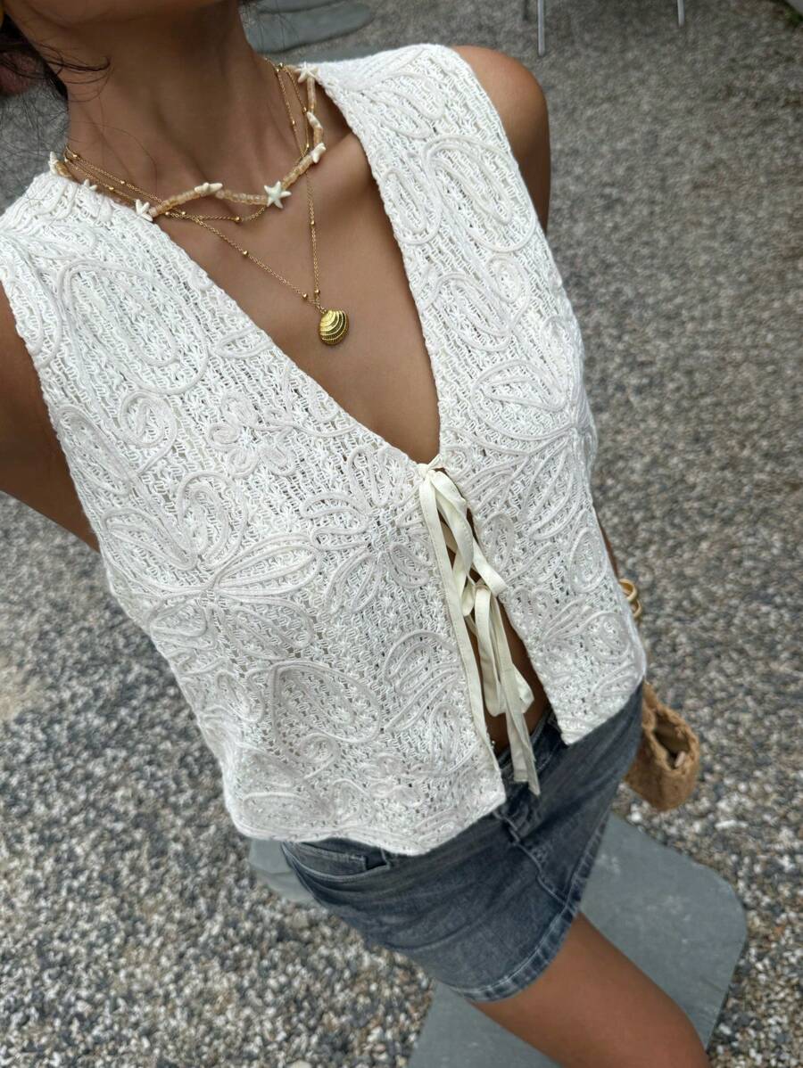 SHEIN EZwear Damen Aprikose gewebtes Top mit Bindedetail ohne Ärmel