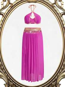 Fantasy Costume 3pcs/Set Sequined Tassel Skirt + Sexy Bra + Thong Underwear