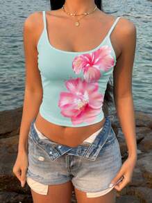 SHEIN EZwear 复古风热带粉色印花露背吊带背心，性感迷人，适合夏季外出穿着 - 彩色 - 查看 5