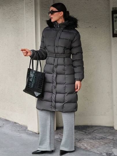 CLARA VERO Frost Luxe – Dark Grey Belted Puffer With Black Faux Fur Hood / Cold-Weather Classic – Belted Puffer In Deep Grey With Luxe Fur Long Padded Coat Women Long Puffer Coat Women Long Winter Coat Women Womens Winter Coats Long Hooded Puffer Coat Puffer Coat With Fur Hood