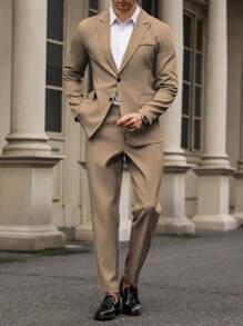 Calvornis Solid Color Single Breasted Long Sleeve Blazer And Pocket Formal Suit Pants Suit Formal - Khaki - View 7