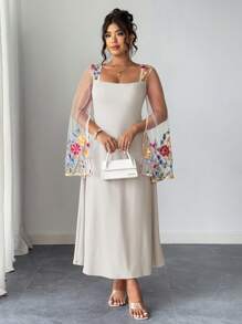 Elenzga Váy chữ A cổ vuông kiểu Pháp thanh lịch dành cho nữ, váy lưới thêu chắp vá bó sát - Màu be - Xem 3