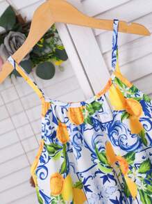 Girls' Fruit Print Fully Allover Print Summer Vacation Slip Dress - Yellow - View 5