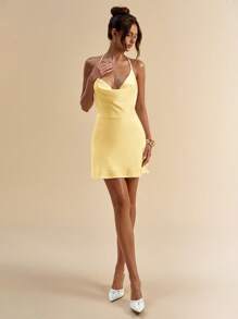 SHEIN BAE 女式夏季白色纯色露背珍珠链装饰迷你连衣裙，适合毕业季和婚礼季 - 黃色 - 查看 5