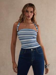 Glamine Women's Summer Casual Beach Vacation Sleeveless Striped Camisole - Blue - View 4