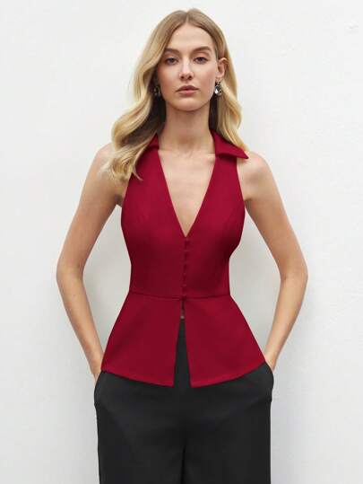BizChic White Collar Sleeveless Blouse Top, Ladies Commuting Clothing For New Year Party, Valentine's Date, Spring/Summer Red Top Women Dark Red Top Wine Red Top Peplum Top Women Sleeveless Peplum Top