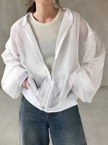 FRIFUL 女士常规款飞行员夹克，网纱透视落肩设计，宽松版型，弹性下摆，女式外套 - 白色 - 查看 3