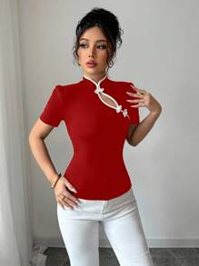 Elenzga Camiseta de manga corta de verano con cuello alto ajustada y logo de Tencent para mujer - Rosa Roja - Ver 6