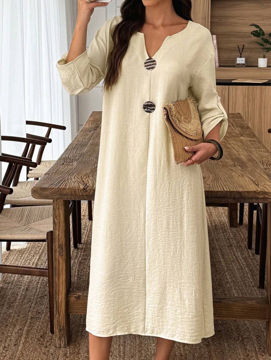 Louniche Ladies' Retro Autumn Decorative Wooden Button Dress - Light Yellow - View 1