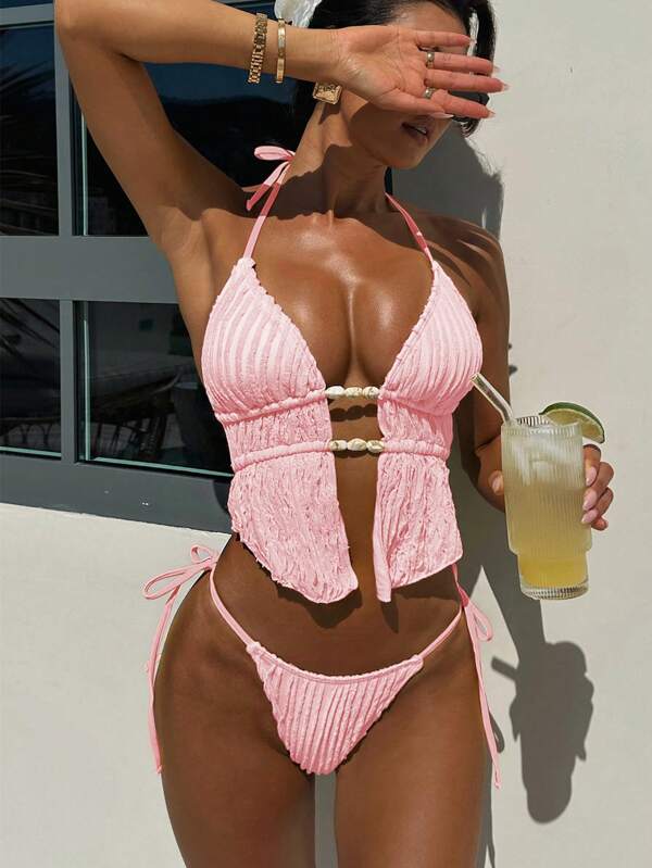 SHEIN Women's Solid Color Jacquard Fabric Spaghetti Strap Backless Tie-Up Halter Sexy Cute Girl Beach Bikini Swimsuit Set