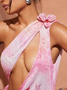 Hauture Women's Sexy Summer Vacay Pink Leopard Floral Mesh Front Cut Out With Orchid Detail Maxi Dress