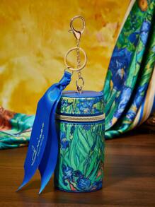 SHEIN Touch of Art 1个PU皮革艺术鸢尾花图案印花圆筒零钱包，可装硬币、钥匙、口红和其他个人物品，配有龙虾扣，可挂在包包、衣服等处，适合女性、学生、梵高、艺术、优雅、夏季服装、春季服装、海滩、度假、花卉、包包挂饰。 - 彩色 - 查看 2