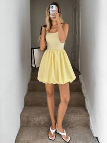 SHEIN LUNE Light Yellow Cute Bubble Skirt For Women, Spring/Summer Sundresses For Vacation - Yellow - View 4