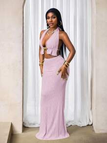 BamGleam 女士纹理金属镂空露背短款上衣和半身裙套装 - 粉色 - 查看 5