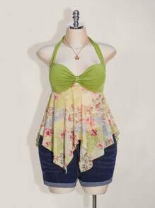 SHEIN ICON 大码女式夏季休闲荷叶边不对称下摆蝴蝶结挂脖上衣 - 彩色 - 查看 3