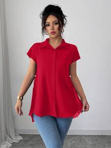 Elenzga Áo sơ mi nữ 2025 thiết kế mới viền bất đối xứng - Đỏ - Xem 6