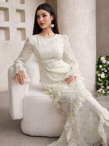 Veilorie Đầm Ả Rập dài tay cổ bèo nhún thanh lịch cho nữ - Màu vàng - Xem 6