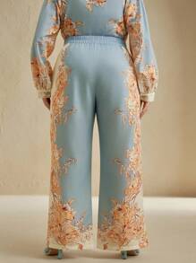 Anewsta Plus Size Women Casual Vacation Blue Printed Long Pants - Baby Blue - View 7
