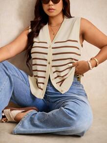 Elaquor 大码夏季休闲条纹针织背心，商务休闲女装，秋冬女士教师装 - 卡其色 - 查看 5