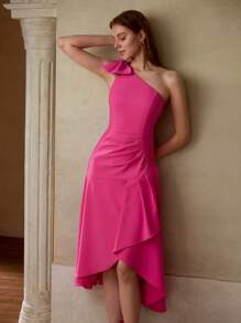 MOTF PREMIUM VESTIDO CON DISEÑO DE VOLANTE EN LOS HOMBROS, DOBLADILLO ASIMÉTRICO Y AJUSTE EN LA CINTURA PARA MUJER - Rosa Fucsia - Ver 5