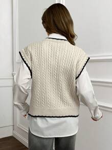 EURMUSE Women Contrast Hem Detailed V-Neck Cable Knit Pattern Knit Vest - Beige - View 2