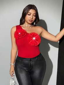 Viva Relle 大码女士夏季无袖背心，饰有3D立体花卉图案，优雅 - 紅色 - 查看 1