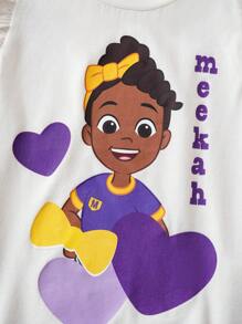 Blippi X SHEIN 年轻女孩 2 件套：可爱白色荷叶袖 T 恤和白色和紫色条纹荷叶袖 T 恤，夏季假日休闲装 - 彩色 - 查看 3