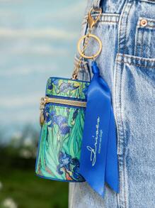 SHEIN Touch of Art 1个PU皮革艺术鸢尾花图案印花圆筒零钱包，可装硬币、钥匙、口红和其他个人物品，配有龙虾扣，可挂在包包、衣服等处，适合女性、学生、梵高、艺术、优雅、夏季服装、春季服装、海滩、度假、花卉、包包挂饰。 - 彩色 - 查看 3