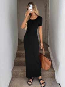 SHEIN LUNE Sexy Bodycon Black Short Sleeve Knit Dress, Figure-Flattering Midi Dresses For Women Elegant