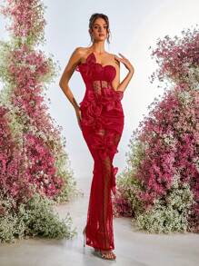 Glamrae 优雅的黑色和红色手工 3D 花卉 V 领无袖褶饰长款正式晚礼服 - 酒紅色 - 查看 6