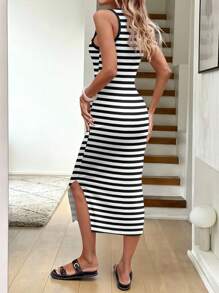 SHEIN LUNE Casual Minimalist Style Milk Silk Stripe Print Contrast Color Midi Dress, Suitable For Summer Suitable For Going Out Chic Dress - Multicolor - View 2