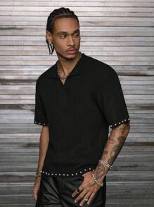 AXEPEAK Men's Solid Color V-Neck Casual Short Sleeve Knitted Top, Summer - Black - View 1