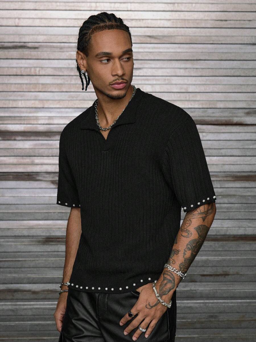 AXEPEAK Men's Solid Color V-Neck Casual Short Sleeve Knitted Top, Summer - Black - View 1